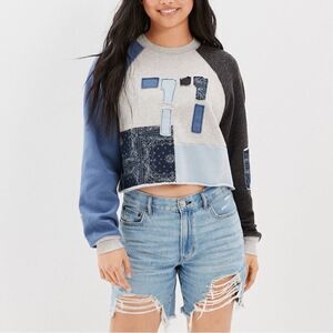AE XXL Patchwork Shades Denim Blue Gray Crewneck Cropped Sweatshirt 77 Graphic